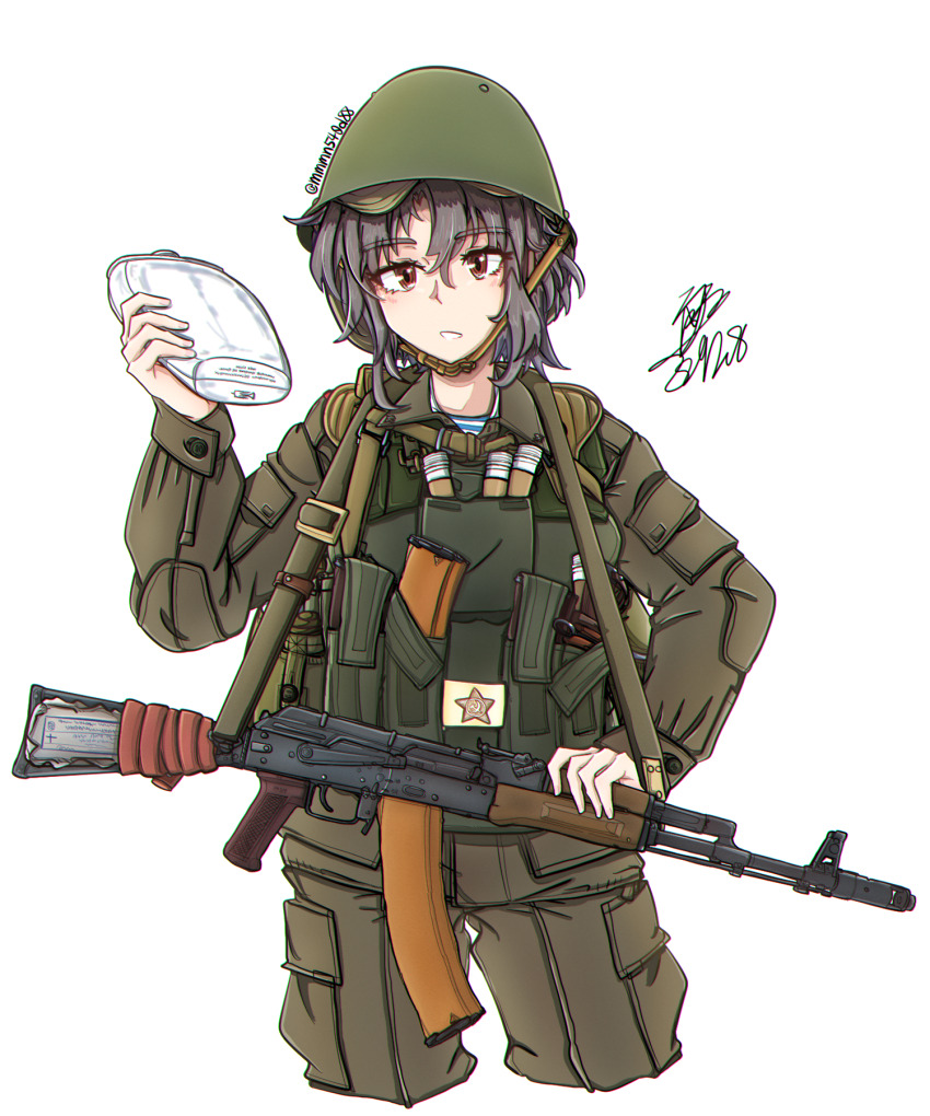 1girl ak-74 assault_rifle black_hair bottle brown_eyes cropped_legs gun highres holding holding_bottle kalashnikov_rifle load_bearing_vest magazine_(weapon) military_combat_uniform military_uniform mmmn540d88 original rifle shirt signature simple_background solo soviet_army ssh-68_combat_helmet striped_clothes striped_shirt telnyashka vdv war_in_afghanistan water_bottle weapon white_background