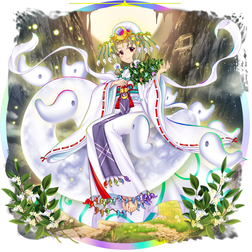 1girl alternate_costume blonde_hair full_moon highres japanese_clothes kimono looking_at_viewer moon official_art red_eyes rotte_(1109) short_hair smile solo tamatsukuri_misumaru touhou touhou_lostword white_kimono wide_sleeves