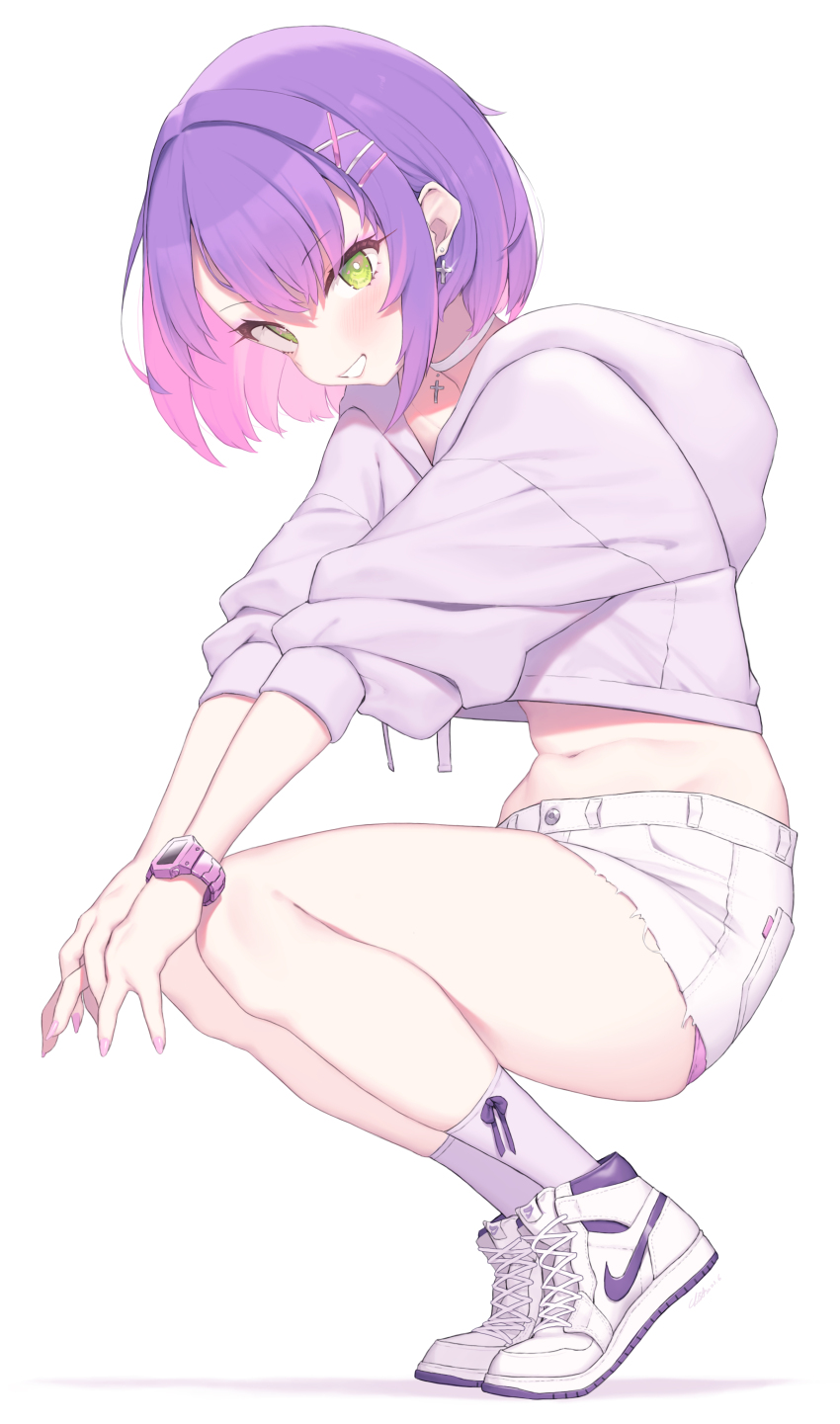 1girl absurdres alternate_costume cloba cross cross_earrings earrings green_eyes hair_ornament highres hololive hood hooded_jacket jacket jewelry legs looking_at_viewer midriff multicolored_hair navel nike_(company) nike_dunk purple_hair shoes short_hair shorts simple_background smile sneakers socks solo thighs tokoyami_towa two-tone_hair virtual_youtuber white_background white_jacket white_shoes white_shorts x_hair_ornament