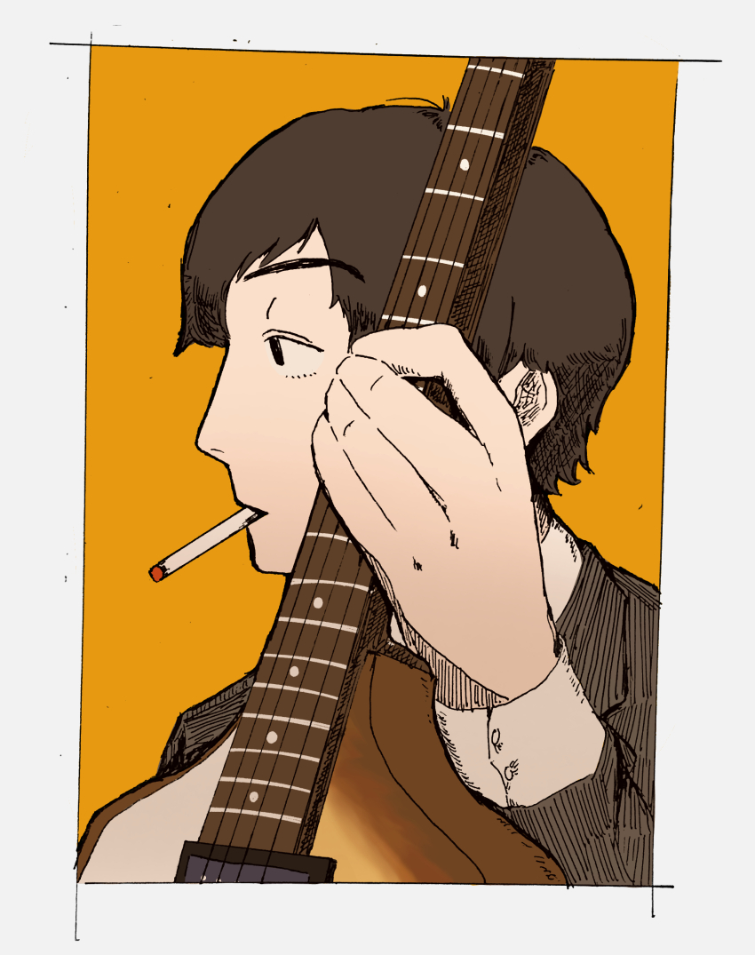 1960s_(style) 1boy animification bass_guitar black_eyes brown_hair cigarette formal_clothes fuminaga highres instrument male_focus oldschool orange_background paul_mccartney portrait profile retro_artstyle smoking solo suit the_beatles