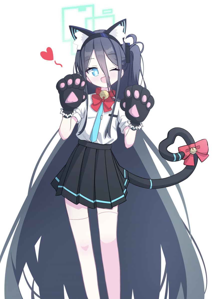 1girl 525_woiwo absurdly_long_hair absurdres animal_ears animal_hands aqua_halo aris_(blue_archive) bell black_gloves black_hair black_skirt blue_archive blue_eyes blue_necktie bow bowtie cat_ears cat_paws cat_tail commentary_request fake_animal_ears gloves hair_between_eyes halo heart heart_sticker highres long_hair long_hair_between_eyes looking_at_viewer neck_bell necktie open_mouth paw_gloves pleated_skirt rectangular_halo red_bow red_bowtie shirt shoes side_ponytail simple_background skirt smile socks solo standing tail teeth thighhighs very_long_hair white_background white_shirt white_thighhighs