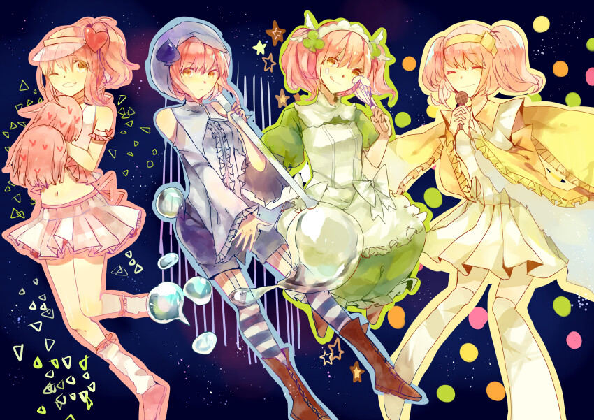 4girls absurdres amulet_clover amulet_dia amulet_heart amulet_spade apron blue_headwear blue_shirt blue_shorts blue_thighhighs boots brown_footwear closed_eyes closed_mouth clover_hair_ornament diamond_hair_ornament dress full_body garter_straps green_dress hair_ornament heart heart_hair_ornament high_side_ponytail highres hinamori_amu holding holding_whisk jamjar77 long_hair long_sleeves looking_at_viewer multiple_girls multiple_persona one_eye_closed open_mouth orange_eyes pink_hair pink_shirt pink_skirt pom_pom_(cheerleading) shirt short_hair short_sleeves shorts shugo_chara! side_ponytail skirt sky smile spade_hair_ornament star_(sky) starry_sky striped_clothes striped_thighhighs teeth thighhighs visor_cap whisk white_thighhighs yellow_dress