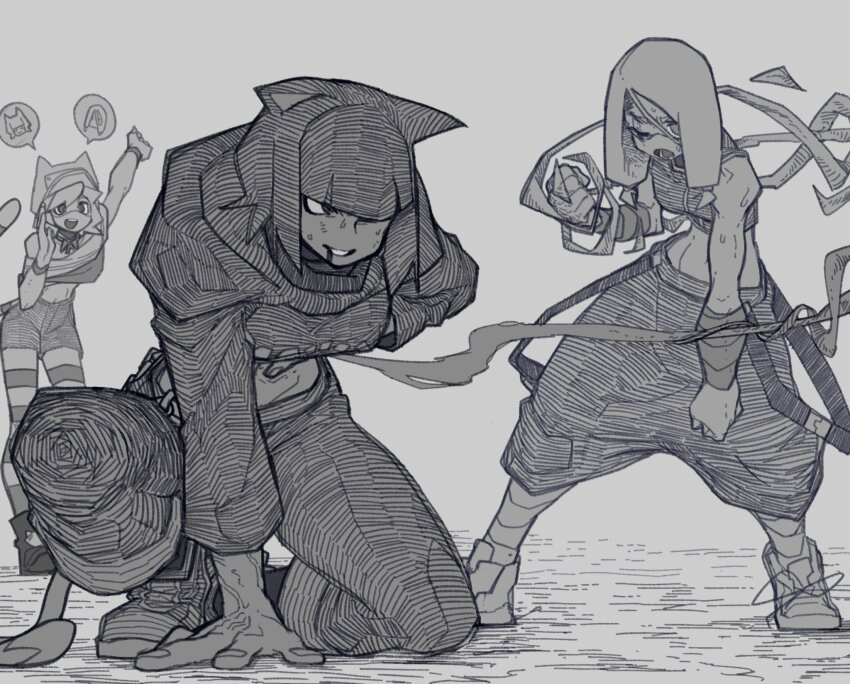3girls animal_ears arm_up blood blood_from_mouth bone_nigi breasts cat_ears cat_girl cat_tail catty_(bone_nigi) clenched_hands greyscale hand_on_ground hat highres image_in_speech_bubble kurogai_(bone_nigi) looking_at_another midriff monochrome multiple_girls one_eye_closed open_mouth original short_hair speech_bubble striped_clothes striped_thighhighs tail thighhighs toned toned_female