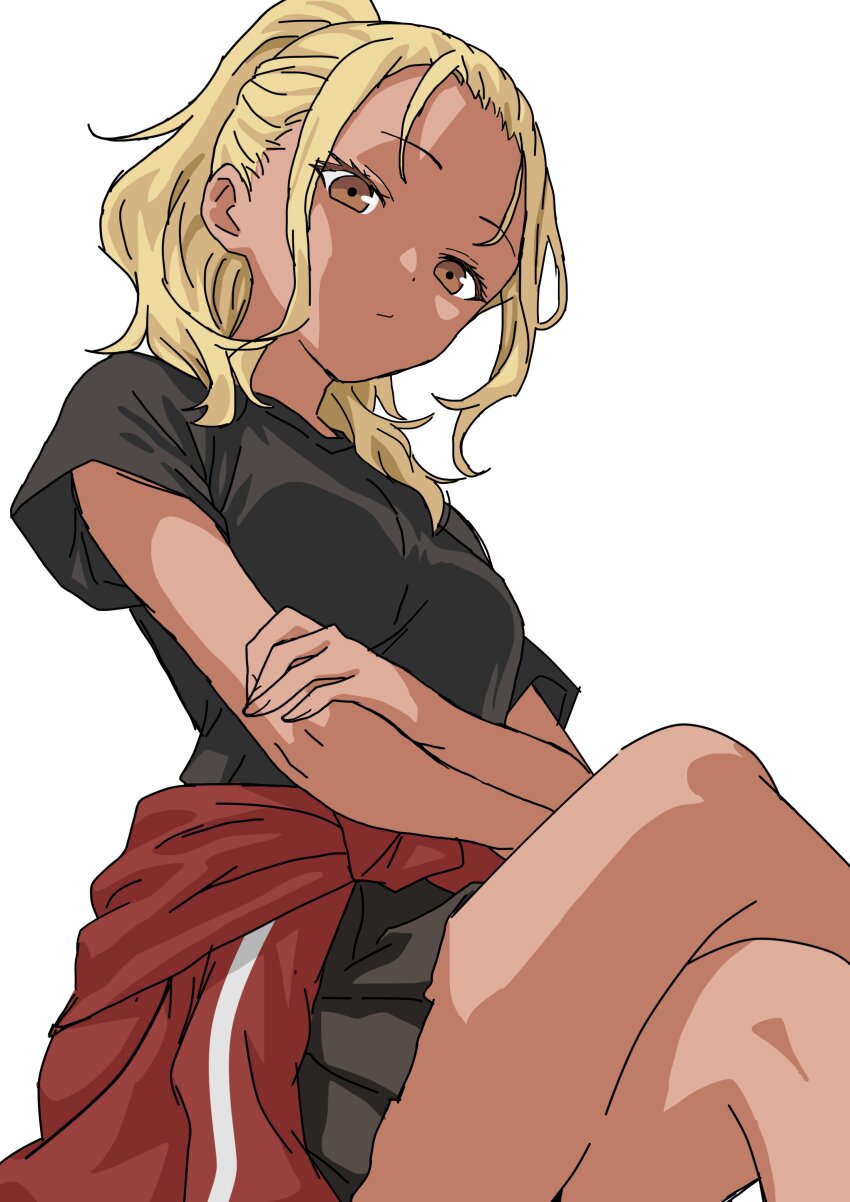 1girl absurdres black_shirt black_skirt blonde_hair breasts brown_hair closed_mouth clothes_around_waist commentary_request crossed_legs highres ichinose_karina jacket jacket_around_waist looking_at_viewer manemane_nichinichi medium_breasts medium_hair pleated_skirt ponytail red_jacket riokasen shirt simple_background sitting skirt solo tan thighs track_jacket white_background
