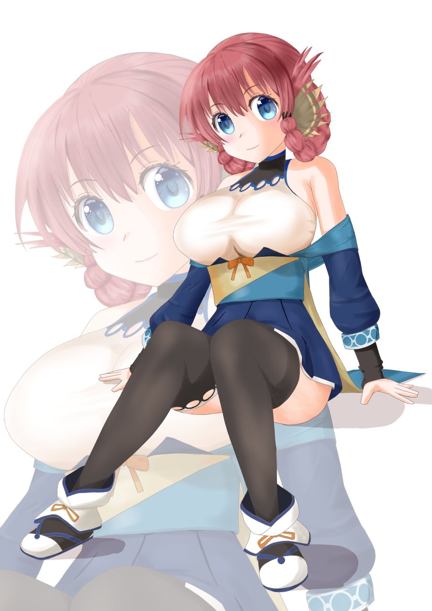 1girl absurdres ainu_clothes airon_1010 animal_ears aquaplus bare_shoulders blue_eyes blush boots braid breasts closed_mouth full_body gradient_eyes hair_between_eyes head_tilt highres large_breasts long_sleeves looking_at_viewer multicolored_eyes nosuri off-shoulder_kimono off_shoulder raised_eyebrows red_hair sash sidelocks sitting skirt sleeveless smile solo taut_clothes thick_thighs thighhighs thighs utawarerumono utawarerumono:_itsuwari_no_kamen