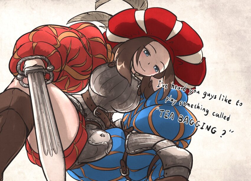 1girl armor asymmetrical_legwear blue_eyes boots breastplate brown_boots brown_hair closed_mouth codpiece commentary english_commentary english_text greaves hat hat_feather highres holding holding_sword holding_weapon ironlily landsknecht landsknecht_(ironlily) long_sleeves medium_hair meme original puffy_long_sleeves puffy_sleeves red_hat renaissance_clothes single_greave smile solo squatting sword teabagging_(meme) weapon zweihander