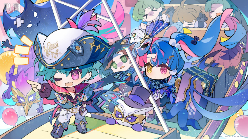 1boy 1girl black_collar blue_hair blue_shirt brant_(wuthering_waves) chibi chibi_only chinese_commentary collar commentary_request eye_mask hat hat_feather heterochromia highres key_hair_ornament long_hair mask mask_on_head multicolored_hair official_art one_eye_closed open_clothes open_mouth open_shirt pants people pero_(wuthering_waves) pink_eyes pink_hair pointing pointing_forward purple_eyes roccia_(wuthering_waves) shirt short_hair smile standing suitcase symbol-shaped_pupils tacet_discord_(wuthering_waves) tacet_mark_(wuthering_waves) tricorne twintails two-tone_hair white_pants wuthering_waves x-shaped_pupils yellow_eyes