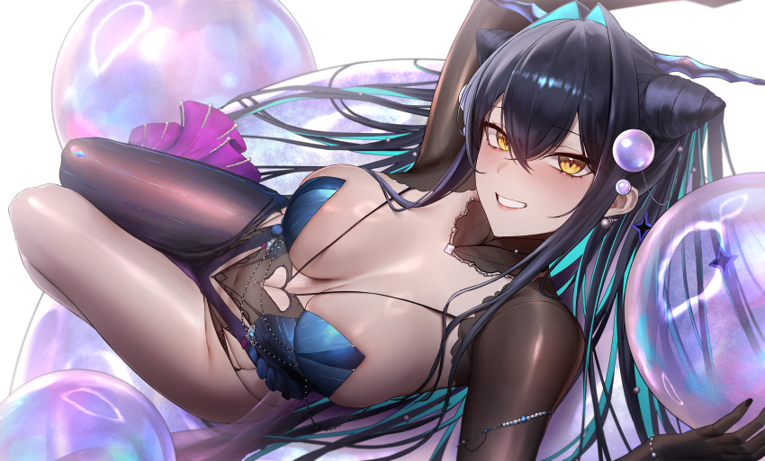 1girl aqua_hair bare_shoulders black_bodysuit black_hair blue_bustier bodysuit breasts bubble bubble_hair_ornament cleavage clothing_cutout colored_inner_hair commission cone_hair_bun covered_navel cutout_above_navel dress gloves goddess_of_victory:_nikke green_hair hair_bun hair_intakes hair_ornament halterneck heart_cutout highres holding_bubble large_breasts little_mermaid_(abyss_flower)_(nikke) little_mermaid_(nikke) long_hair looking_at_viewer lying monegi multicolored_hair official_alternate_costume on_back panties pearl_hair_ornament pinstripe_pattern pixiv_commission revealing_clothes see-through_cleavage see-through_clothes see-through_dress shiny_skin shrug_(clothing) skindentation solo star_(symbol) star_hair_ornament string_panties twintails two-tone_hair underwear very_long_hair yellow_eyes