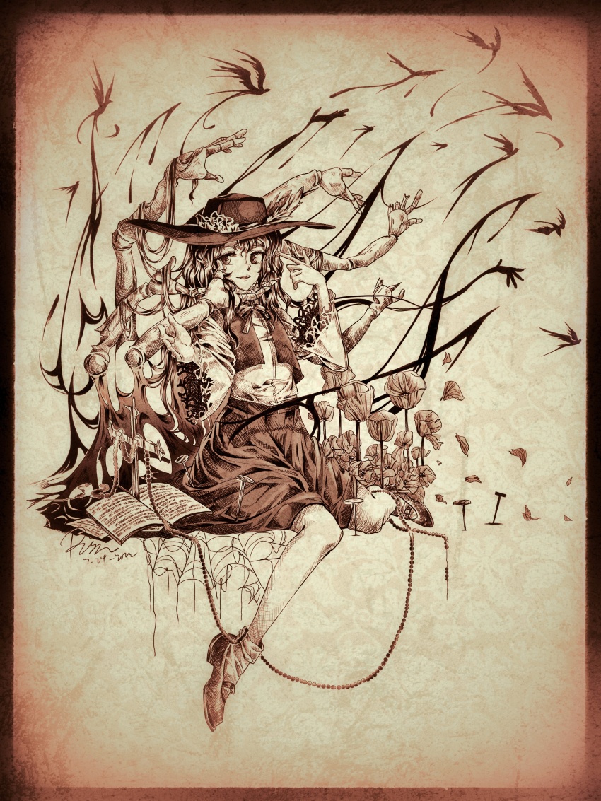 1256310514 1girl absurdres ancient bone book collared_shirt cross cross_patonce dolls_in_pseudo_paradise frilled_hat frills full_body hat hat_feather highres jacket_girl_(dipp) long_hair long_sleeves mary_janes monochrome neck_ribbon open_clothes open_vest parted_lips petals ribbon shirt shoes sitting skirt socks solo stake touhou traditional_media very_long_hair vest