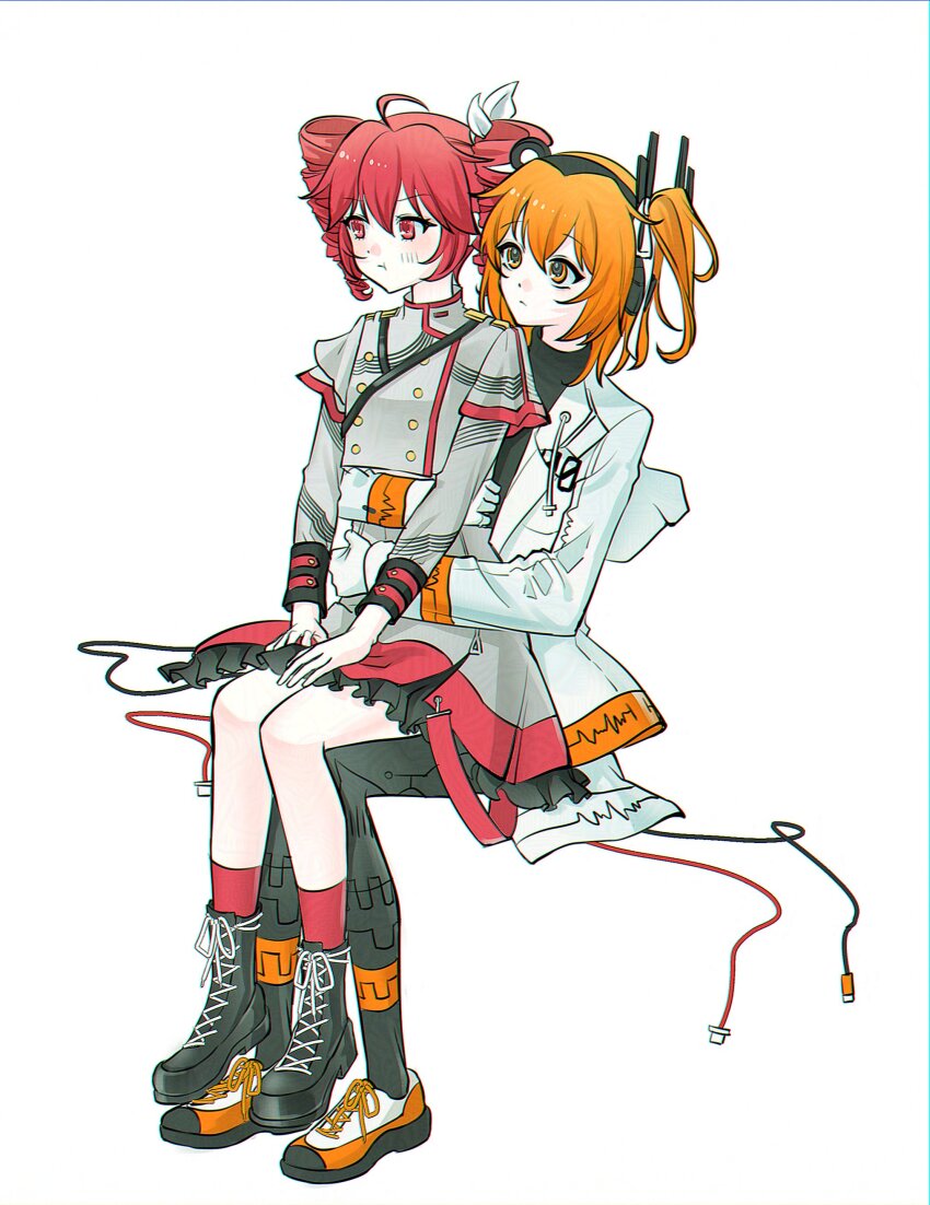 2girls :t a.i._voice absurdres adachi_rei ahoge ankle_socks belt black_belt black_boots black_pantyhose black_shirt black_skirt black_sleeve_cuffs blush boots bow cable closed_eyes drill_hair full_body gloves grey_jacket grey_skirt hair_between_eyes hair_bow hair_ribbon hashtag-only_commentary headlamp headphones highres hood hooded_jacket hug hug_from_behind invisible_chair jacket kasane_teto kasane_teto_(sv) lace-up_boots layered_skirt layered_sleeves long_sleeves looking_at_another multiple_girls open_clothes open_jacket orange_eyes orange_hair pantyhose platform_boots pout radio_antenna red_eyes red_hair red_skirt ribbon shirt shoes shoulder_belt shoulder_boards side_ponytail simple_background sitting sitting_on_person skirt skirt_set sneakers socks striped_clothes striped_jacket synthesizer_v twin_drills utau white_background white_gloves white_jacket white_ribbon white_shoes yu_g_yup