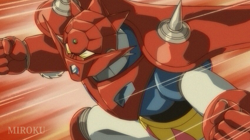 arm_blade armor blue_armor clenched_hand fake_screenshot forehead_jewel getter_dragon getter_robo getter_robo_g hands_up highres ishikawa_ken_(style) mecha mecha_focus miroku_(miroku_t) multicolored_armor red_armor retro_artstyle robot shoulder_spikes spikes super_robot weapon yellow_eyes