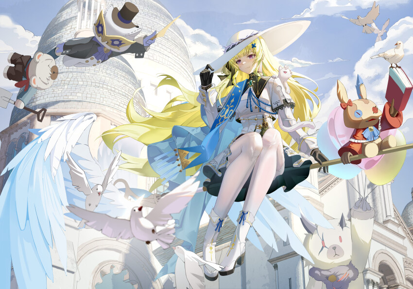 1girl absurdres bird black_collar black_gloves blonde_hair blue_eyes blue_sash bow collar dove feathered_wings flying full_body gloves hair_ornament hand_on_own_hat hat highres long_hair ml_devil23333 pantyhose phoebe_(wuthering_waves) riding sash skirt staff staff_riding striped_bow white_hat white_pantyhose white_skirt wings wuthering_waves x_hair_ornament