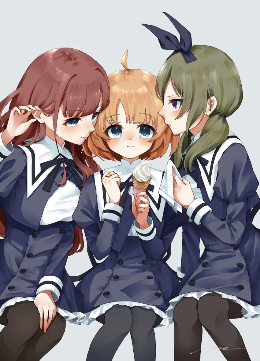 3girls ahoge amahara_nue arm_at_side arm_up artist_name assault_lily black_bow black_pantyhose black_ribbon black_skirt blue_eyes blunt_bangs blush bow breasts brown_hair closed_mouth commentary cropped_jacket feet_out_of_frame food food_on_face frilled_skirt frills futagawa_fumi girl_sandwich grey_background hair_bow tucking_hair hand_on_lap hand_up handkerchief hands_up heads_together high-waist_skirt highres holding holding_food holding_handkerchief holding_ice_cream ice_cream ice_cream_cone ice_cream_on_face invisible_chair jewelry juliet_sleeves kaede_johan_nouvel knees_together_feet_apart light_smile long_hair long_sleeves looking_at_another looking_at_viewer low_twintails medium_breasts miniskirt multiple_girls neck_ribbon pantyhose profile puffy_sleeves purple_eyes ribbon ring sandwiched school_uniform shirt short_hair side-by-side signature simple_background sitting skirt tongue tongue_out tongue_up twintails v-shaped_eyebrows wavy_hair white_shirt yamanashi_hibari yuri yurigaoka_girls_academy_school_uniform