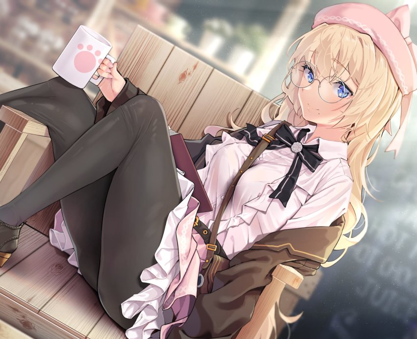 1girl agnamore bag belt belt_skirt beret blonde_hair blue_eyes blurry blurry_background book bra_visible_through_clothes breast_press cafe cake cardigan chair coffee_mug cup food frilled_shirt frilled_skirt frills glasses hat highres holding holding_cup long_hair mole mole_under_mouth mug myndi original pantyhose ribbon ribbon_shoes see-through_clothes shirt sitting skirt smile solo strawberry_shortcake three-quarter_sleeves white_shirt wooden_chair wooden_floor