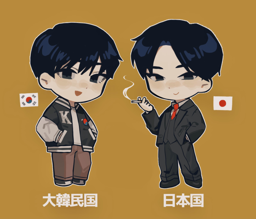 2boys black_eyes black_hair black_pants brown_pants chibi cigarette closed_mouth full_body highres holding holding_cigarette jacket japan_(saboten92) japanese_flag letterman_jacket looking_at_viewer male_focus multiple_boys open_mouth original pants parted_bangs personification saboten92 simple_background smile smoke south_korea_(saboten92) south_korean_flag yellow_background