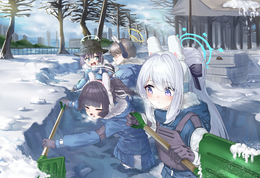 4girls absurdres alternate_costume animal_ears bare_tree black_hair blue_archive blue_halo blue_jacket blue_skirt blush braid brown_eyes brown_hair day fake_animal_ears green_eyes green_halo grey_hair grey_halo hair_between_eyes halo haoma highres holding holding_shovel jacket long_hair long_sleeves miyako_(blue_archive) miyu_(blue_archive) moe_(blue_archive) multiple_girls one_side_up outdoors parted_lips pleated_skirt purple_eyes rabbit_ears rabbit_platoon_(blue_archive) saki_(blue_archive) short_hair shovel skirt snow tree yellow_halo