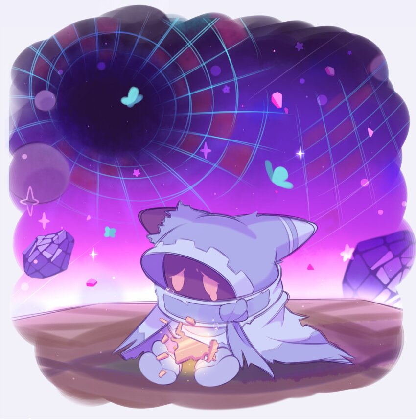 bug butterfly cloak debris disembodied_hand fafameow highres insect kirby&#039;s_return_to_dream_land kirby&#039;s_return_to_dream_land_deluxe kirby&#039;s_return_to_dream_land_deluxe kirby_(series) magolor magolor_epilogue nintendo no_humans portal_(object) rayman_limbs sad solid_oval_eyes solo sparkle star_(symbol) tears torn_cloak torn_clothes