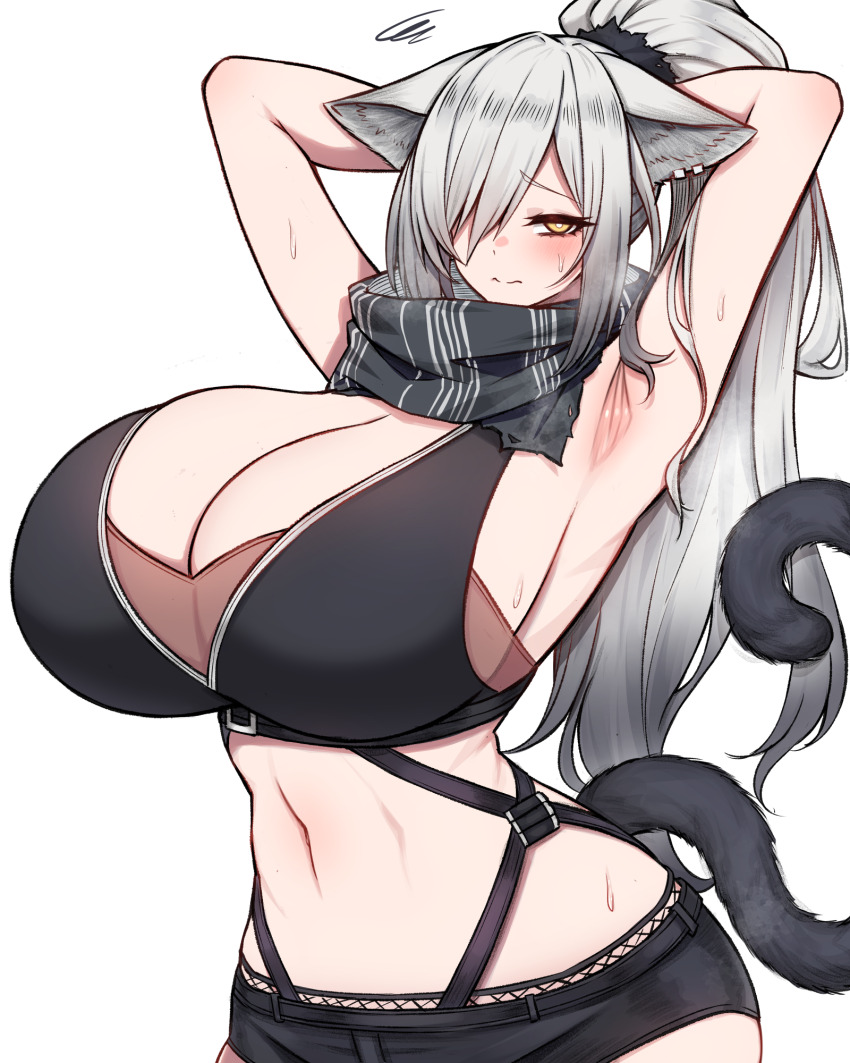 1girl alternate_breast_size_(larger) animal_ear_piercing animal_ears arknights armpits arms_behind_back arms_up bare_arms bare_shoulders belt bikini bikini_top_only black_belt black_bikini black_scarf black_shorts blush breasts bright_pupils cat_ears cat_girl cat_tail chest_belt closed_mouth commentary cowboy_shot grey_hair hair_between_eyes half-closed_eyes heavy_breathing high_ponytail highres huge_breasts long_hair looking_at_viewer navel one_eye_covered ponytail presenting_armpit raised_eyebrows rikuguma scarf schwarz_(arknights) short_shorts shorts sideboob simple_background solo squiggle standing stomach sweat swimsuit tail tail_raised underbust white_background white_pupils yellow_eyes
