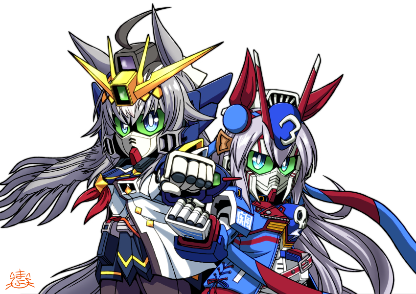 absurdres ahoge animal_ears blue_eyes crossbone_gundam crossbone_gundam_x-3 feathers green_eyes grey_hair gundam gundam_wing gundam_wing:_endless_waltz hair_between_eyes hairband hashtag-only_commentary highres horse_ears horse_girl horse_tail long_hair looking_at_viewer mayohi_neko mecha mecha_focus mechanical_wings mechanization mobile_suit multicolored_hair oguri_cap_(umamusume) robot science_fiction sd_gundam signature simple_background skull_and_crossbones tail tamamo_cross_(umamusume) umamusume v-fin very_long_hair weapon white_background wing_gundam_zero_custom wings