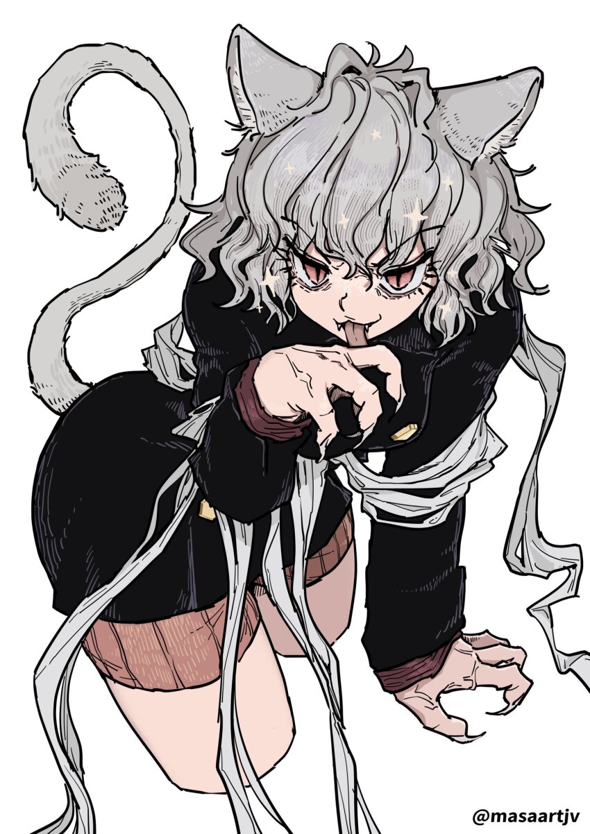 1other androgynous animal_ears black_jacket cat_ears cat_tail cropped_legs curly_hair fangs fewer_digits fingernails frown grey_hair highres hunter_x_hunter jacket licking licking_hand long_sleeves looking_at_viewer masaartjv neferpitou other_focus red_eyes ribbed_shorts sharp_fingernails short_hair shorts simple_background smile solo tail tongue tongue_out veins white_background
