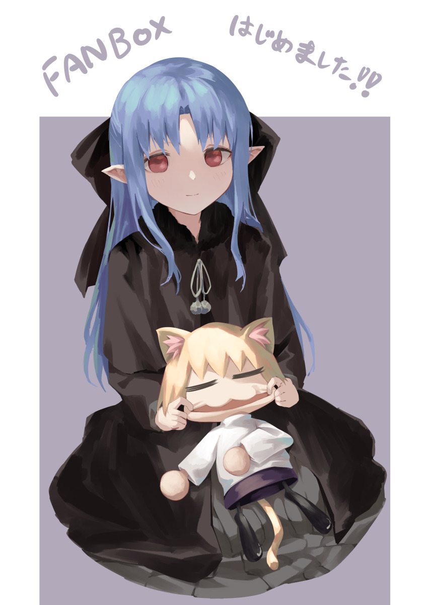 2girls =_= absurdres animal_ears black_dress blonde_hair blue_hair cat_ears cat_girl cat_tail chiizu_ore commentary_request dress finger_in_another&#039;s_mouth hair_ribbon highres len_(tsukihime) long_dress melty_blood mouth_pull multiple_girls neco-arc pointy_ears purple_skirt red_eyes ribbon sitting skirt smile tail translation_request tsukihime turtleneck
