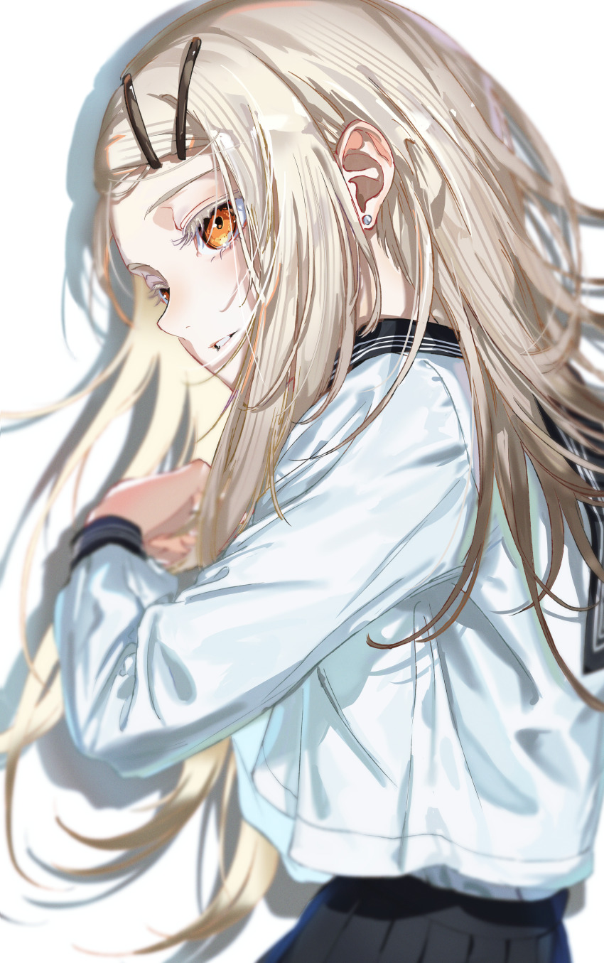 1girl absurdres black_skirt blonde_hair colored_eyelashes commentary gakuen_idolmaster hanozuku highres idolmaster long_hair long_sleeves looking_ahead multiple_girls orange_eyes pleated_skirt school_uniform serafuku shinosawa_hiro shirt simple_background skirt solo upper_body white_background white_shirt