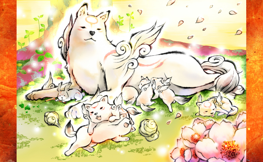 amaterasu_(ookami) rabbit chibiterasu dog flower minimaru no_humans odd_one_out ookami_(game) ookamiden petals playing puppy wolf yumigami