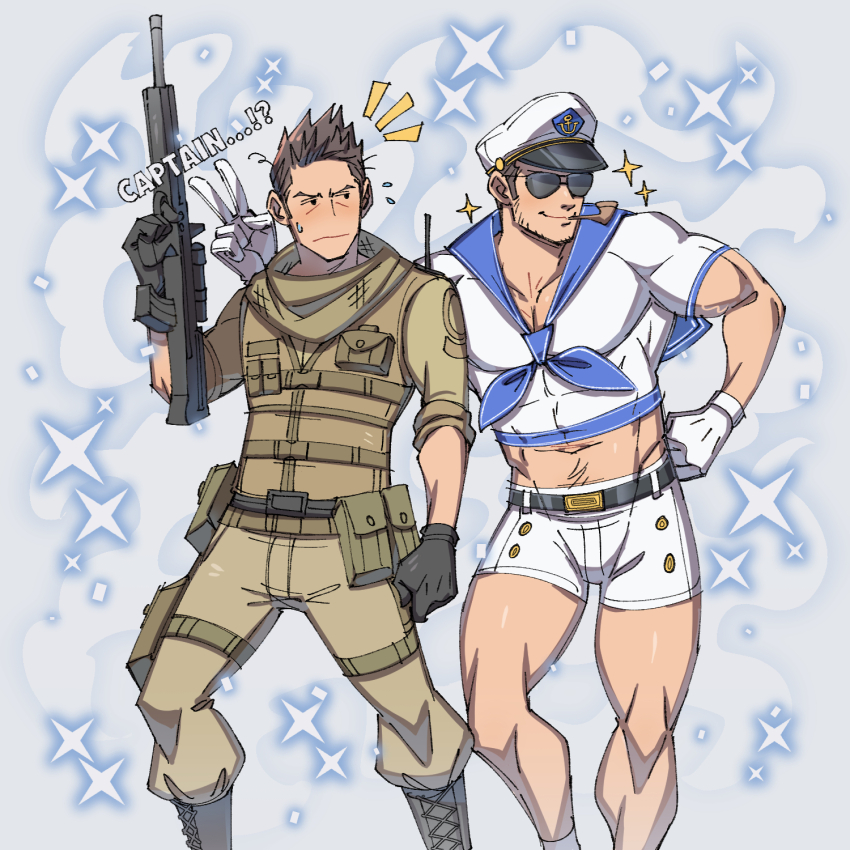 2boys bara belt black_belt boots brown_pants chris_redfield closed_mouth english_text gloves green_shirt hat highres kalamari large_pectorals looking_at_another male_focus multiple_boys muscular muscular_male official_alternate_costume pants pectorals piers_nivans resident_evil resident_evil:_revelations resident_evil_6 sailor_collar sailor_hat sailor_shirt scarf shirt shorts smile smoking_pipe sunglasses white_gloves white_shorts