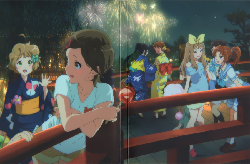 6+girls absurdres bag bare_shoulders black_hair blonde_hair blue_kimono blue_neckerchief blue_sailor_collar blue_shirt blue_skirt blush bow bridge brown_eyes brown_footwear brown_hair brown_shorts candy_apple closed_eyes closed_mouth collarbone cotton_candy crease fireworks floral_print food geta green_bow green_eyes hair_bow hair_ornament hair_ribbon hairclip hand_up hibike!_euphonium highres holding holding_bag holding_food ikeda_shouko japanese_clothes kasaki_nozomi kawashima_sapphire kimono kinchaku kitauji_high_school_uniform kousaka_reina loafers long_hair looking_at_another multiple_girls nakagawa_natsuki neckerchief night obi official_art open_mouth oumae_kumiko outdoors pleated_skirt polka_dot ponytail pouch purple_eyes railing ribbon sailor_collar sandals sash scan school_uniform serafuku shirt shoes short_hair short_sleeves shorts skirt sky smile socks standing t-shirt tree v-neck waving white_legwear white_shirt yellow_kimono yellow_ribbon yoshikawa_yuuko yukata