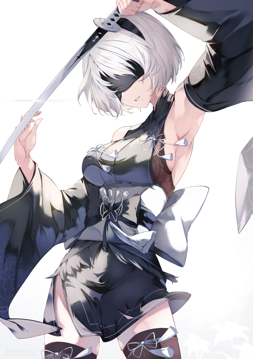 1girl 2b_(nier:automata) absurdres armpits bare_shoulders black_blindfold black_hairband black_kimono blindfold commentary_request crossover detached_sleeves fingernails goddess_of_victory:_nikke bad_tag hairband highres holding holding_sword holding_weapon japanese_clothes katana kimono lips mole mole_under_mouth nier:automata nier_(series) obi official_alternate_costume parted_lips risumi_(taka-fallcherryblossom) sash short_hair short_kimono simple_background solo sword thighhighs weapon white_background white_hair