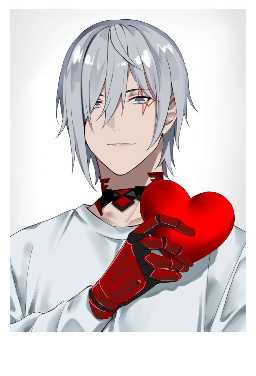 1boy arm_up choker closed_mouth commentary cropped_torso double-parted_bangs english_commentary facial_mark fulgur_ovid gloves grey_eyes hair_behind_ear hair_between_eyes hair_over_one_eye heart highres holding holding_heart lam_(style) long_sleeves luxiemsimping male_focus nijisanji nijisanji_en official_style shirt smile solo virtual_youtuber white_background white_hair white_shirt