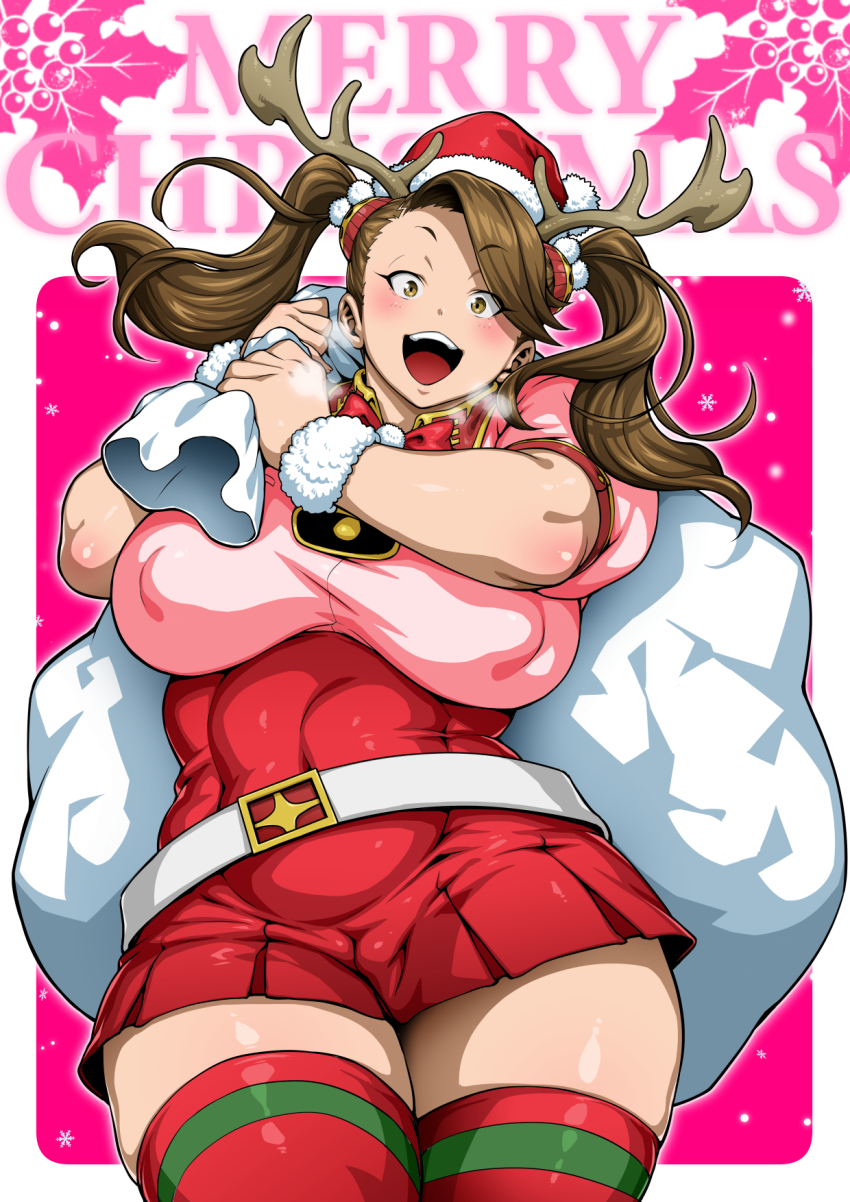 1girl antlers belt blush breasts brown_eyes brown_hair christmas commentary_request covered_erect_nipples cowboy_shot dress gundam gundam_build_fighters gundam_build_fighters_try hat highres holding holding_sack horns jun_(rojiura_jack) large_breasts long_hair looking_at_viewer merry_christmas open_mouth paid_reward_available pink_background plump red_dress red_thighhighs sack santa_hat sazaki_kaoruko short_sleeves solo teeth thick_thighs thighhighs thighs twintails upper_teeth_only zettai_ryouiki