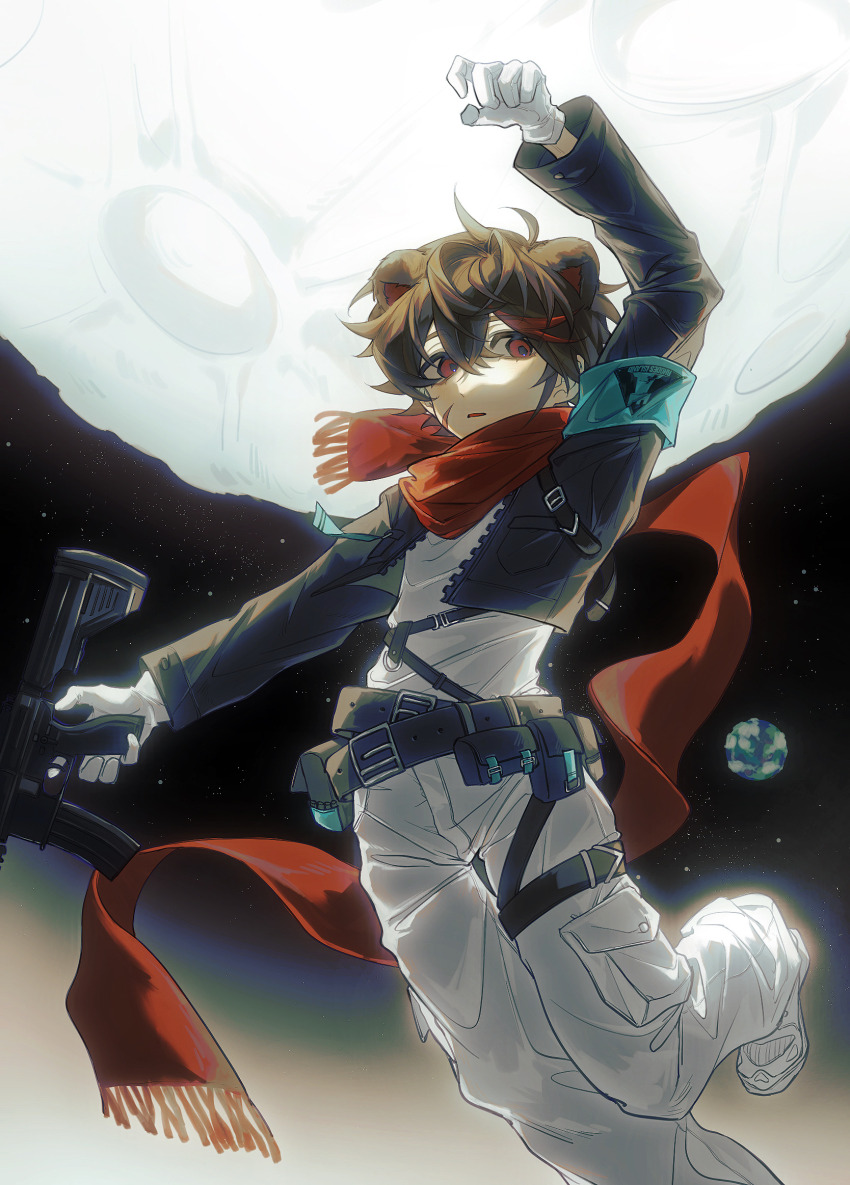 1boy ahoge animal_ears aqua_armband arknights arm_up armband bear_ears belt black_belt black_jacket brown_hair chinese_commentary commentary_request dianbo635 earth_(planet) facial_scar foot_out_of_frame gloves gun hair_between_eyes highres holding holding_gun holding_weapon jacket leg_up long_scarf male_focus millerrhan moon multicolored_hair open_clothes open_jacket pants parted_lips planet pouch real_life red_eyes red_hair red_scarf rhodes_island_logo_(arknights) scar scar_on_cheek scar_on_face scarf shirt shoes short_hair solo space star_(sky) streaked_hair two-tone_hair weapon white_gloves white_pants white_shirt white_shoes zipper