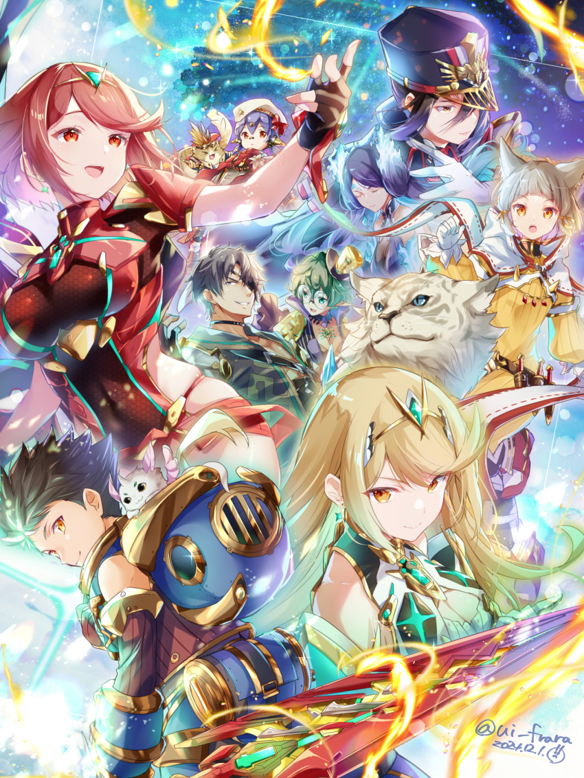 6+girls android animal_ears blonde_hair blunt_bangs breasts brighid_(xenoblade) cat_ears dromarch_(xenoblade) everyone eyepatch facial_mark green_eyes green_hair grey_hair highres long_hair morag_ladair_(xenoblade) multiple_boys multiple_girls mythra_(xenoblade) nia_(xenoblade) nopon open_mouth pointy_ears poppi_(xenoblade) poppi_alpha_(xenoblade) purple_hair pyra_(xenoblade) rex_(xenoblade) short_hair smile swept_bangs tora_(xenoblade_2) ui_frara xenoblade_chronicles_(series) xenoblade_chronicles_2 yellow_eyes zeke_von_genbu_(xenoblade)