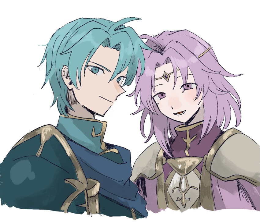 2boys :d ahoge aqua_eyes aqua_hair armor blue_cape breastplate cape cho_yoy cloak closed_mouth cropped_shoulders curtained_hair ephraim_(fire_emblem) fire_emblem fire_emblem:_the_sacred_stones green_jacket hair_between_eyes high_collar highres jacket looking_at_viewer lower_teeth_only lyon_(fire_emblem) male_focus medium_hair multiple_boys nintendo open_mouth parted_bangs pauldrons purple_cloak purple_eyes purple_hair purple_robe raised_eyebrows robe short_hair shoulder_armor side_part simple_background smile teeth v-shaped_eyebrows white_background