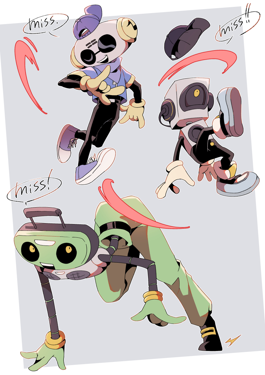 ! 3boys :d \m/ absurdres arm_support backwards_hat black_footwear black_hat black_pants blue_footwear blue_jacket border cap&#039;n_(deltarune) cd_player commentary_request deltarune double_\m/ english_text full_body gloves green_gloves green_pants grey_background hammpenn hat highres humanoid_robot jacket k_k_(deltarune) looking_at_viewer looking_up male_focus mechanical_arms multiple_boys object_head open_mouth outside_border pants purple_bandana purple_hat robot short-sleeved_jacket short_sleeves simple_background smile speaker speech_bubble standing standing_on_one_leg sunglasses sweet_(deltarune) teeth upper_teeth_only white_border yellow_eyes yellow_gloves