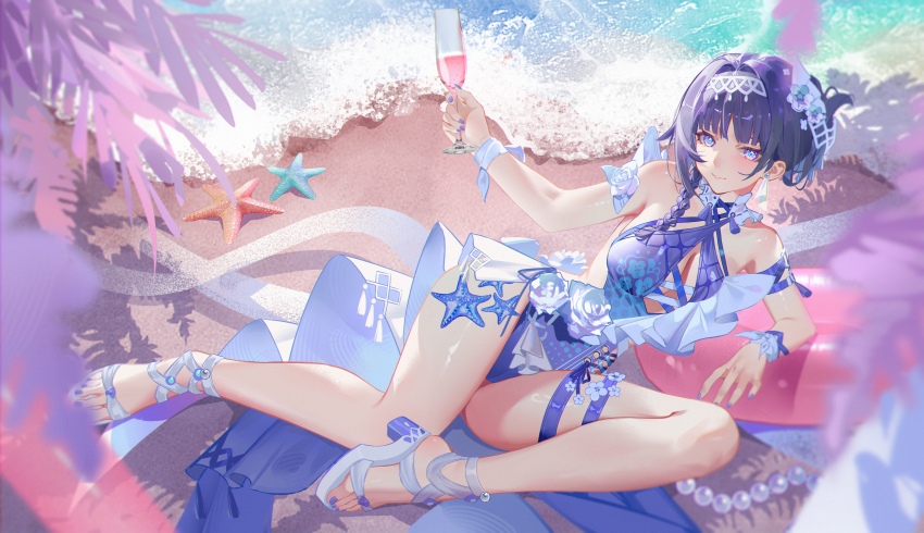 1girl absurdres bandaid bare_shoulders blue_pupils braid breasts casual_one-piece_swimsuit chinese_commentary closed_mouth comet-c commentary_request criss-cross_halter cross cup drinking_glass earrings feet fingernails hair_intakes hair_ornament hairband halterneck high_heel_sandals highres holding holding_cup honkai_(series) honkai_impact_3rd jewelry large_breasts light_blush looking_at_viewer lying nail_polish official_alternate_costume on_side one-piece_swimsuit purple_eyes purple_hair purple_nails purple_one-piece_swimsuit raiden_mei raiden_mei_(crooning_tides) raiden_mei_(herrscher_of_origin) sandals shore short_hair smile solo starfish swim_ring swimsuit thighs toenail_polish toenails toes white_hairband white_sandals