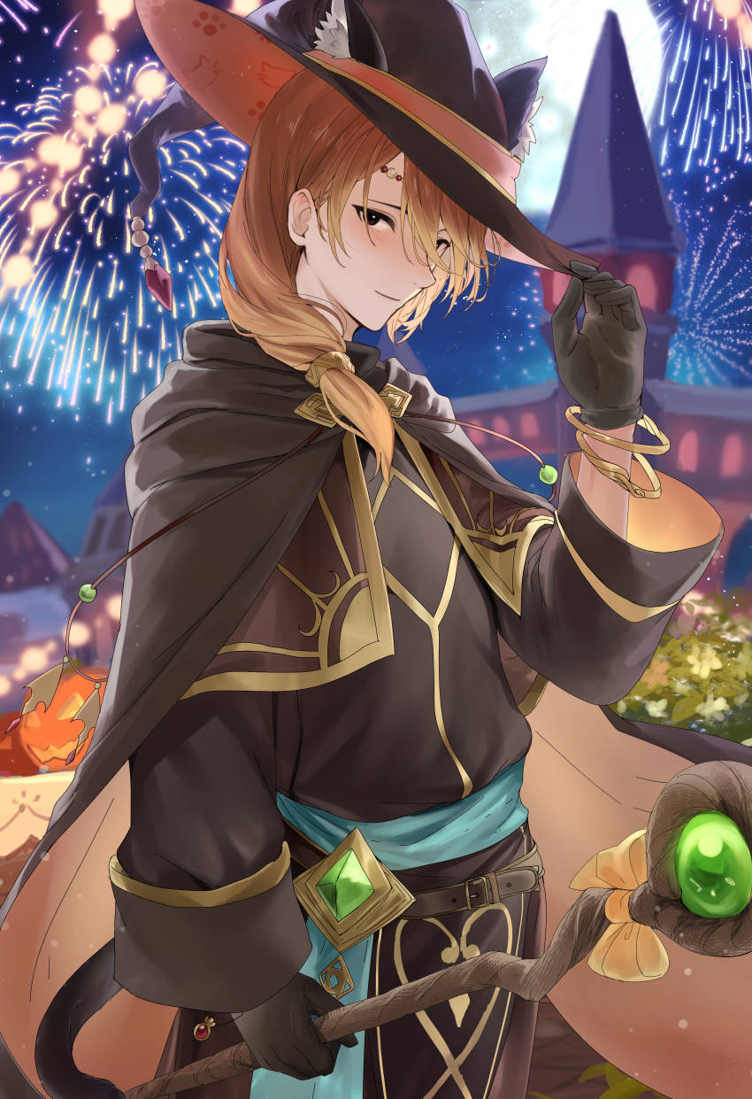 1boy absurdres animal_ears black_gloves blue_sash blush bracelet brown_eyes cape cat cat_boy cat_ears cat_tail circlet closed_mouth commission fire_emblem fire_emblem_echoes:_shadows_of_valentia fire_emblem_gaiden fireworks gloves haru_(nakajou-28) hat highres holding holding_staff jewelry looking_at_viewer low_ponytail luthier_(fire_emblem) nintendo orange_hair ponytail robe sash skeb_commission smile solo staff tail witch_hat