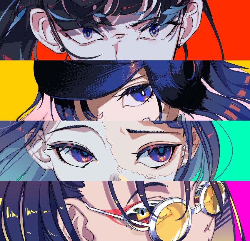 4girls ado_(utaite) baseball_helmet black_hair blue_eyes blue_hair close-up column_lineup earrings eye_focus gira_gira goggles helmet highres jewelry kuromori_o looking_at_viewer looking_to_the_side merry_(ado) multiple_girls naima_(ado) odo-chan_(ado) odo_(song) persona_eyes purple_eyes purple_hair readymade_(ado) sanpaku stud_earrings tinted_eyewear usseewa voice_actor_connection yellow-tinted_eyewear