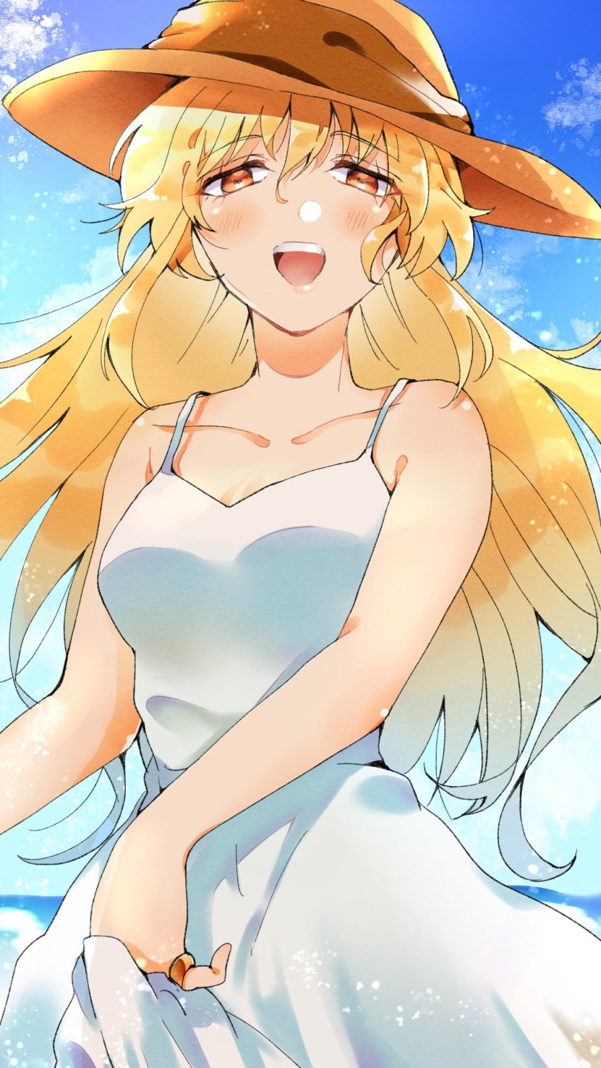 1girl ahoge alternate_costume beach blonde_hair blush breasts brown_eyes cloud dress happy hat highres isabeau_de_baviere_(madoka_magica) jewelry light_particles light_rays lips long_dress long_hair magia_record:_mahou_shoujo_madoka_magica_gaiden mahou_shoujo_madoka_magica mahou_shoujo_tart_magica mature_female medium_breasts messy_hair monogatari_saki ocean open_mouth outdoors parted_lips queen ring sky smile solo sun_hat sundress tall_female tareme teeth wavy_hair white_dress
