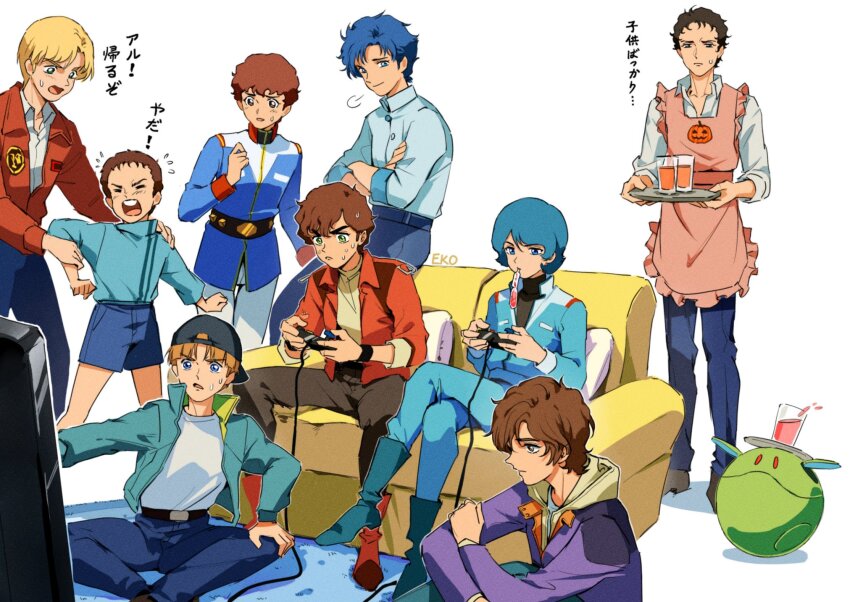 6+boys alfred_izuruha amuro_ray apron artist_name backwards_hat banagher_links baseball_cap belt bernard_wiseman black_belt black_hat blonde_hair blue_boots blue_eyes blue_hair blue_jacket blue_pants blue_shirt blue_shorts boots brown_apron brown_eyes brown_hair brown_pants brown_shoes carpet closed_eyes closed_mouth collared_jacket collared_shirt commentary_request controller couch crossed_arms crossed_legs cup drink ekomozzarella flying_sweatdrops game_controller grabbing_another&#039;s_arm green_eyes gundam gundam_0080 gundam_f91 gundam_hathaway&#039;s_flash gundam_unicorn gundam_zz hand_on_own_arm hand_on_own_knee haro hat hathaway_noa highres holding holding_controller holding_game_controller holding_tray hood hood_down jacket judau_ashta kamille_bidan long_sleeves looking_at_another mafti_nabiyu_erin male_focus military_uniform mobile_suit_gundam multiple_boys on_couch on_floor open_clothes open_jacket open_mouth pants puff_of_air pumpkin_print purple_jacket red_boots red_jacket seabook_arno shirt shoes short_hair shorts sitting smile standing sweat sweatdrop translation_request tray uso_ewin victory_gundam white_pants zeta_gundam