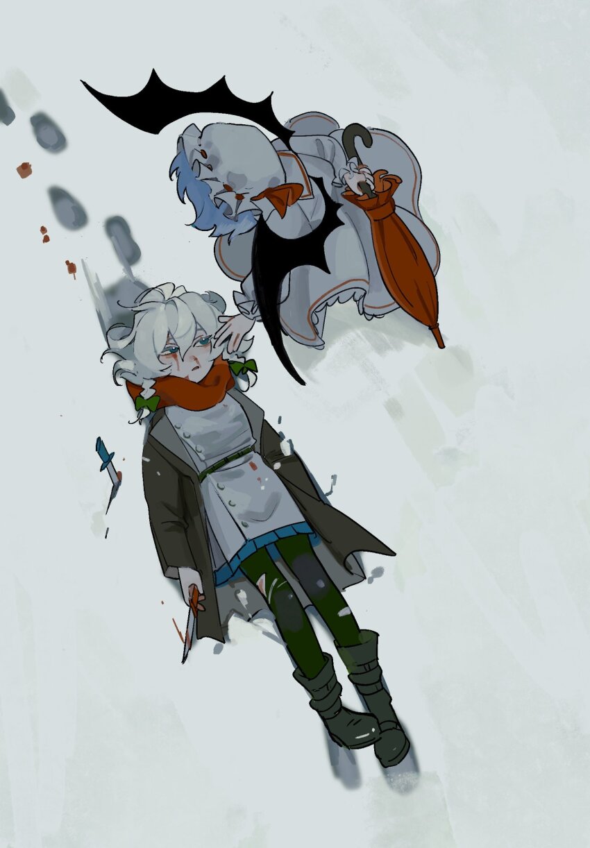 2girls arm_behind_back bat_wings belt black_belt black_coat black_footwear black_pantyhose bleeding blood blood_on_face blood_on_snow bloody_knife blue_eyes blue_hair blue_skirt boots braid coat commentary_request cuts dee_(tannsumi) dress facing_down footprints from_above full_body half-closed_eyes hat highres holding holding_behind_back holding_knife holding_umbrella injury izayoi_sakuya jacket knife long_dress long_sleeves looking_at_another mob_cap multiple_girls nosebleed on_ground open_clothes open_coat open_mouth pantyhose pleated_skirt puffy_long_sleeves puffy_sleeves reaching reaching_towards_another remilia_scarlet short_hair side_braids skirt snow torn_clothes torn_pantyhose touhou umbrella white_dress white_hair white_jacket wings
