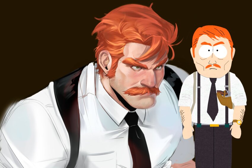 1boy absurdres alternate_art_style bara black_necktie brown_background collared_shirt commentary english_commentary facial_hair green_eyes harrison_yates highres male_focus mature_male mustache necktie orange_hair plookys realistic reference_inset shirt short_hair simple_background solo south_park suspenders white_shirt