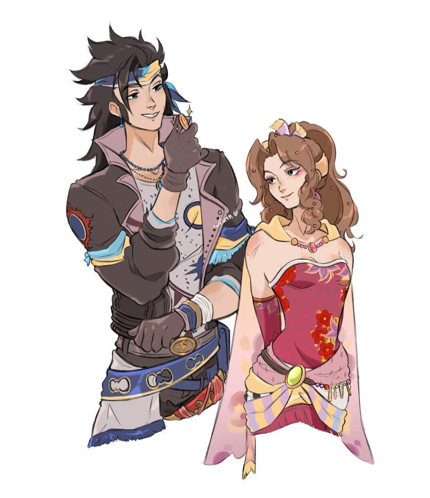 1boy 1girl absurdres aerith_gainsborough aerith_gainsborough_(terra&#039;s_garb) arms_behind_back black_gloves black_hair black_jacket breasts brown_hair cape cleavage closed_mouth cloud_strife cloud_strife_(cosplay) cloud_strife_(locke&#039;s_outfit) coin cosplay cropped_legs detached_sleeves dress earrings eiriseth final_fantasy final_fantasy_vi final_fantasy_vii final_fantasy_vii_ever_crisis gloves grin hair_ornament hair_ribbon headscarf highres holding holding_coin jacket jewelry locke_cole locke_cole_(cosplay) looking_at_another medium_breasts multiple_necklaces parted_bangs ponytail print_shirt red_dress red_sleeves ribbon sash shirt sidelocks smile strapless strapless_dress teeth terra_branford_(cosplay) tina_branford tube_dress waist_sash white_background yellow_cape zack_fair