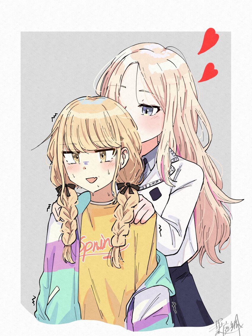 2girls absurdres blonde_hair blue_eyes braid brown_eyes commentary fang fujita_kotone gakuen_idolmaster hands_on_another&#039;s_shoulders haniwa_hayate heart highres idolmaster jacket juo_sena long_hair long_sleeves multiple_girls nervous_sweating open_clothes open_jacket open_mouth school_uniform shirt sidelocks signature single_off_shoulder skin_fang smelling smelling_hair sweat textless_version twin_braids white_jacket yellow_shirt yuri