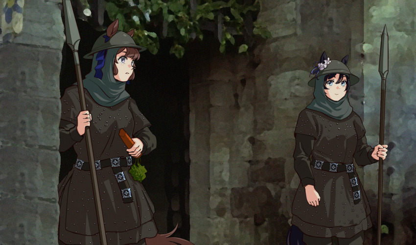 2girls animal_ears belt black_hair brown_hair carrot castle cowboy_shot eishin_flash_(umamusume) food highres holding holding_food holding_polearm holding_weapon horse_ears horse_girl long_sleeves medieval monty_python monty_python_and_the_holy_grail multiple_girls outdoors parody polearm scene_reference screenshot_background spear standing tosen_jordan_(umamusume) umamusume voodoothur weapon