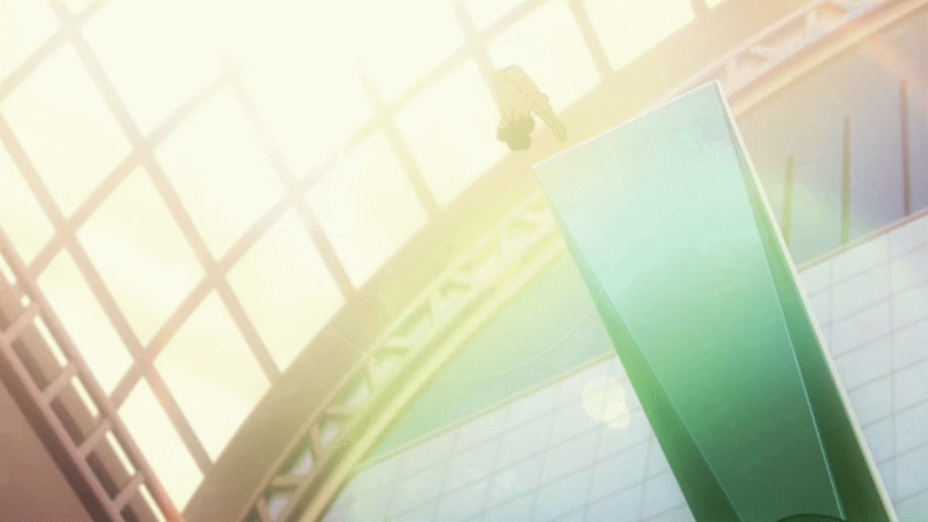 1girl animated animated_gif ass barefoot breasts cleavage dive diving diving_board freezing_(series) freezing_vibration large_breasts medium_hair one-piece_swimsuit pink_hair roxanne_elipton slingshot_swimsuit solo swimsuit yellow_one-piece_swimsuit