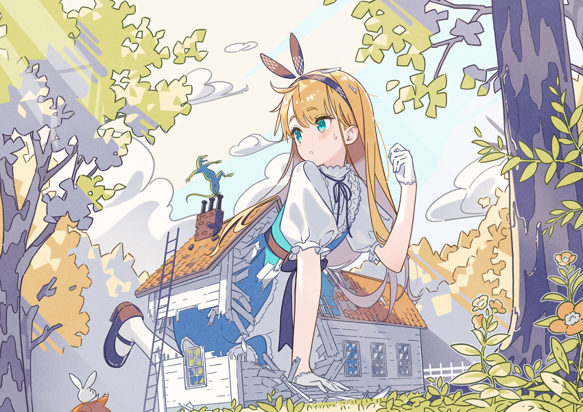 1girl alice_(alice_in_wonderland) alice_in_wonderland aqua_eyes blonde_hair blush broken brown_hairband commentary_request gloves hairband long_hair mary_janes miniature outdoors parted_lips puffy_short_sleeves puffy_sleeves rabbit shoes short_sleeves solo sweat wakuseiy white_gloves white_rabbit_(alice_in_wonderland) wooden_house