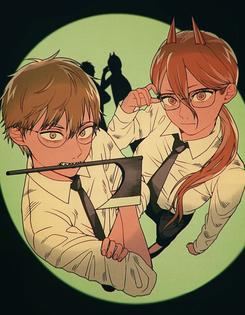 1boy 1girl axe black_necktie black_pants blonde_hair brown_hair chainsaw_man collared_shirt cross-shaped_pupils crossed_arms denji_(chainsaw_man) hair_over_shoulder highres horns llq9ull long_hair looking_at_viewer necktie pants ponytail power_(chainsaw_man) red_horns round_eyewear shadow sharp_teeth shirt shirt_tucked_in short_hair sleeves_rolled_up spotlight symbol-shaped_pupils teeth weapon_in_mouth white_shirt yellow_eyes