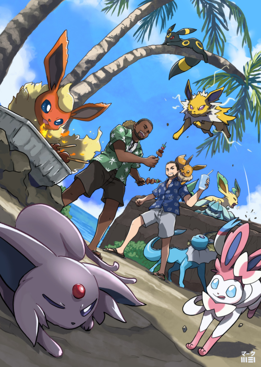 absurdres beach eevee espeon flareon game_freak gen_1_pokemon gen_2_pokemon gen_4_pokemon gen_6_pokemon glaceon hawaiian_shirt highres jolteon leafeon mark331 nintendo one_eye_closed outdoors palm_leaf palm_tree palms pokemon pokemon_(creature) shirt sky sylveon team tree umbreon vaporeon